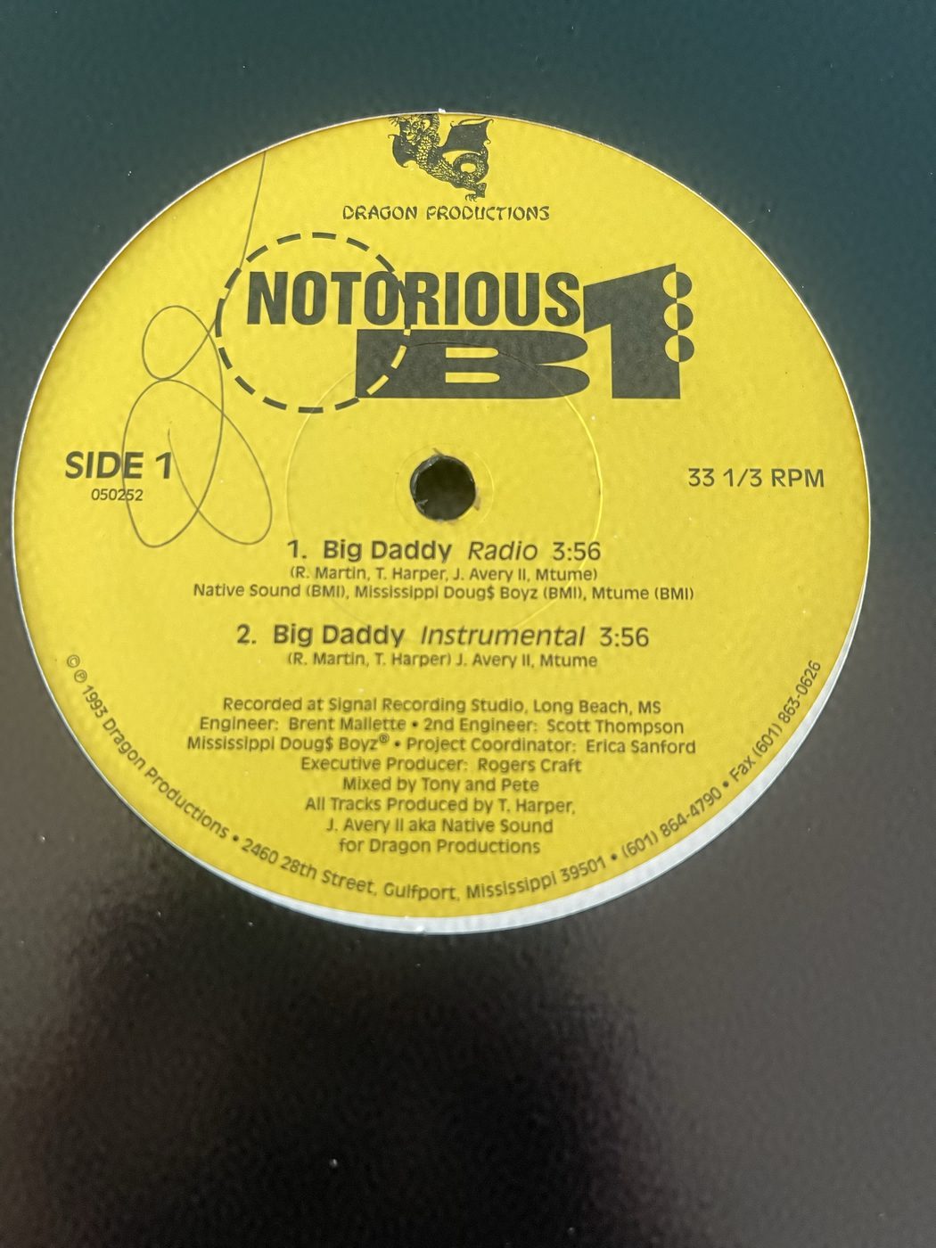Side 1 label of the Notorious B1 Big Daddy vinyl record, Dragon Productions, 33 1/3 RPM